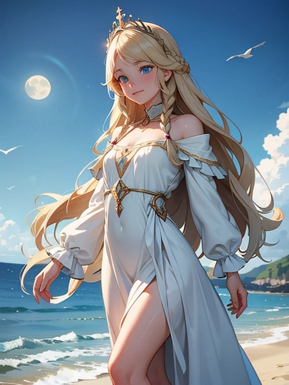 there is one girl coming out of the sea, the Swan Princess from Russian mythology, a beautiful calm face, blue eyes, blond long hair braided into one braid, the moon moon is woven into the hair on the back of the head, white old Russian shining clothes, a kokoshnik crown on her head, an affectionate look, a half-smile, a gentle expression on his face, a background seascape and sunlight, seagulls in the sky, full-length, Photorealism