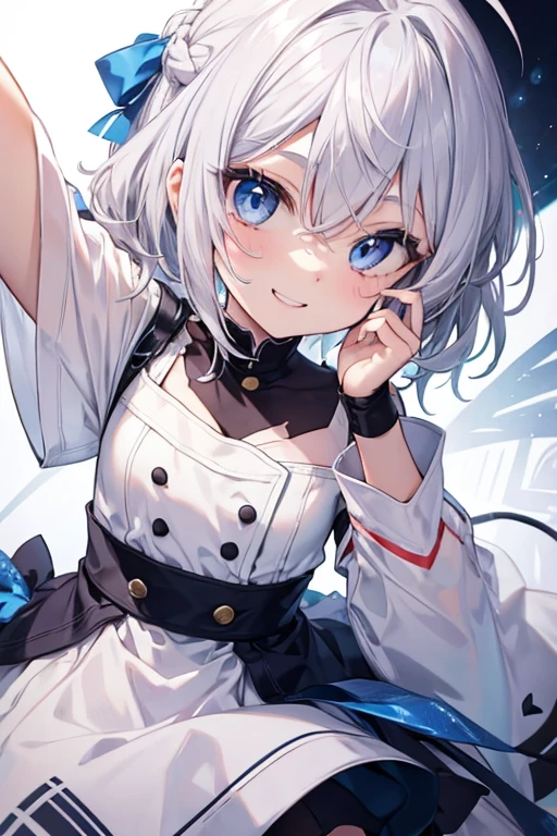 ,Silver Hair, Ahoge, blue eyes, Smiling with teeth showing, 