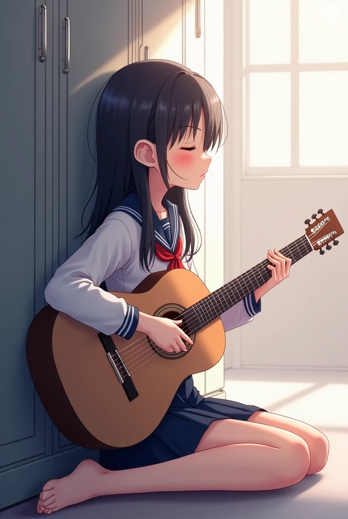 Pretty anime girl in school uniform with long dark hair with eyes closed sitting on the floor sideways playing a guitar. For a cover