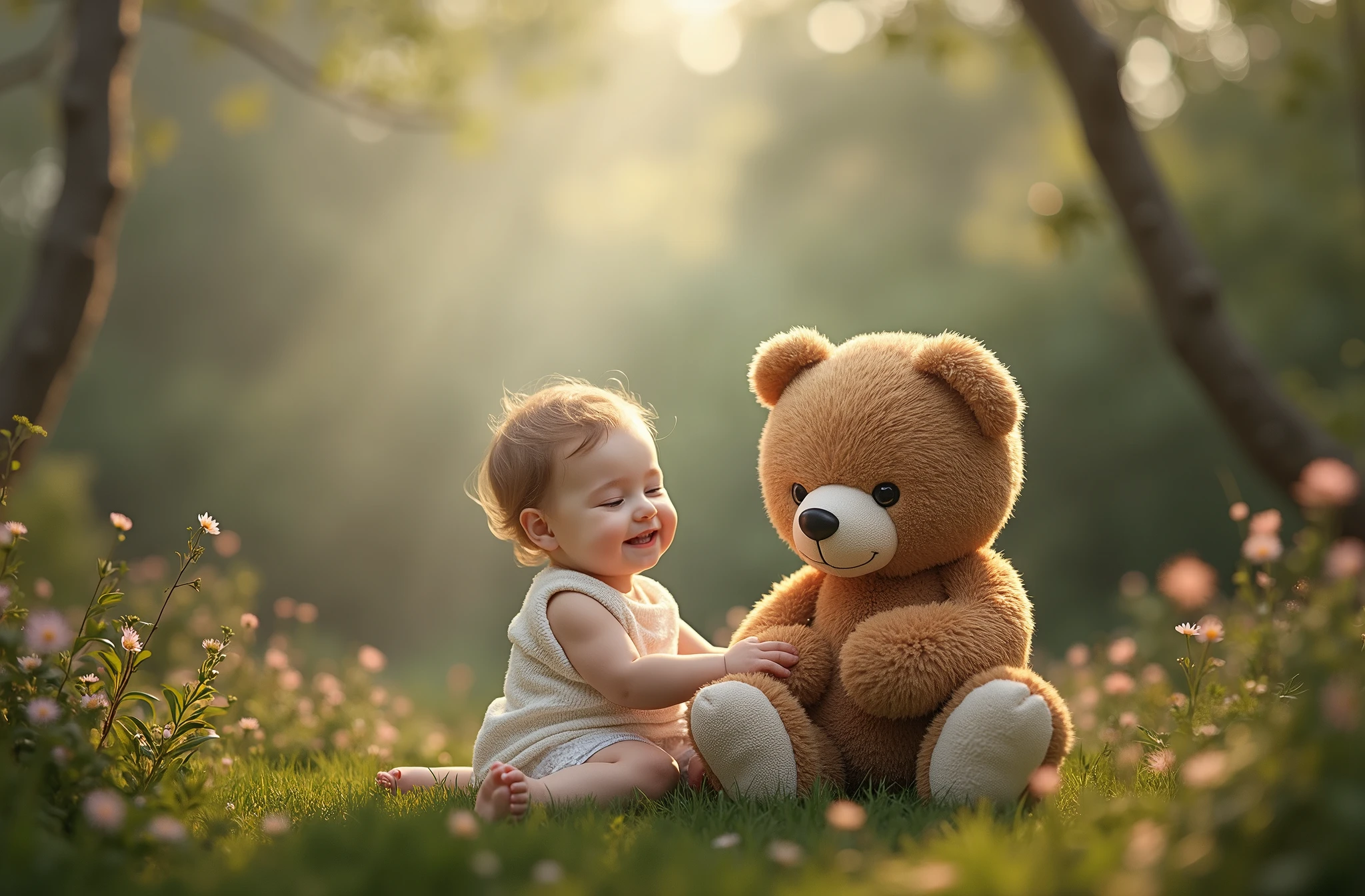  with taddy bear sitting a beautyful location , dreammy effect aroung the baby