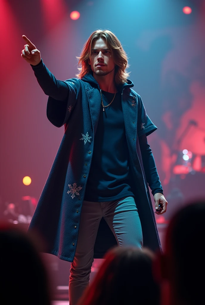 artwork best quality realistic image handsome american male teenager long brown hair light skin with dark and light blue cape coat with hood with details black long sleeve blue shirt and gray pants underneath intricate details singing holding a microphone seen from afar pointing to the audience at a concert with details uhq details 8k realism