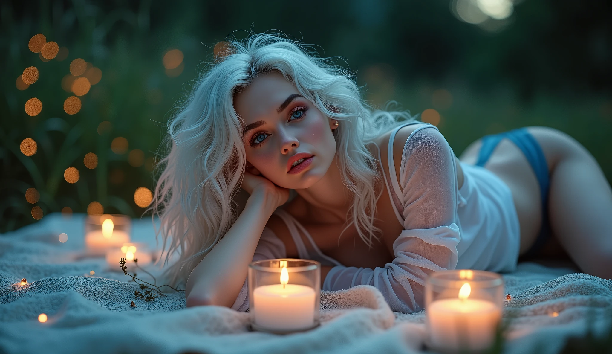 Ultra-realistic 8k CG, masterpiece, ((Ultra detailed background, delicate nature, Intricate details, Ultra detailed legs), best quality, Intricate detailss, Chromatic Aberration, soft skin, very beautiful girl, laying on spine on Picnic blanket in a seductive pose, looking in camera, moaning in pleasure, orgasm, candles around, fireflies around, See-through blue panties, Large-size white shirt, small breasts, long hair, messy curly hair, white hair, red highlights, strikingly beautiful blue eyes with sparkles, symmetrical eyes, red Dim Lights, melancholy lights, Off-shoulder, Full body, See-through white shirt, nipples, masterpiece, best quality, front view