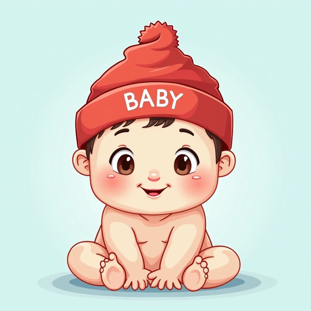 Baby povel durov , Telegram logo , cute , background light blue , red hat , BABY written on the hat in capital letters