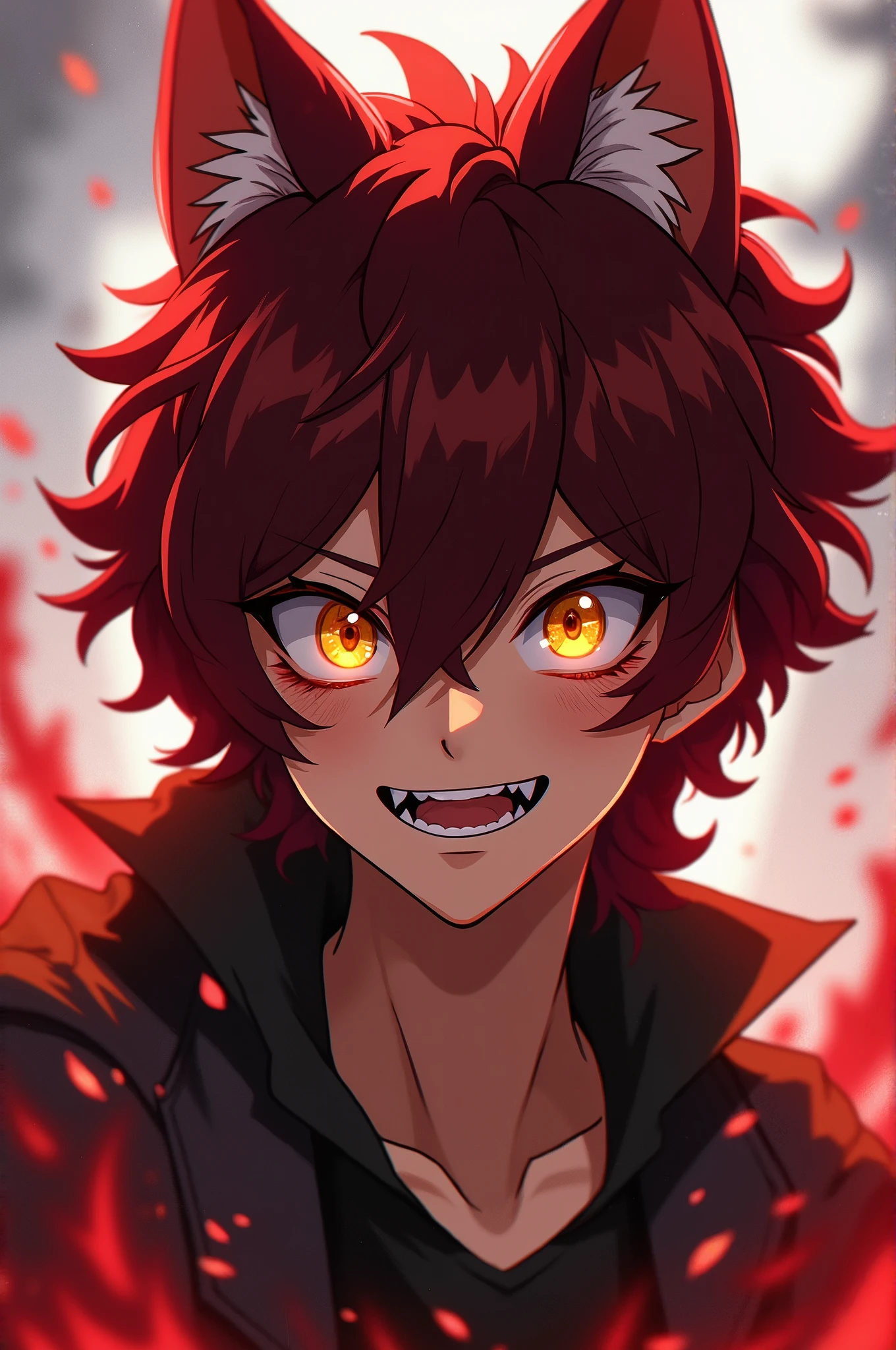 20 year old boy, long dark red hair in a social cut, sharp, yellow eyes like a wolf, playful expression with a sharp smile, clear skin and defined face. Act like a character from the anime My Hero Academia.