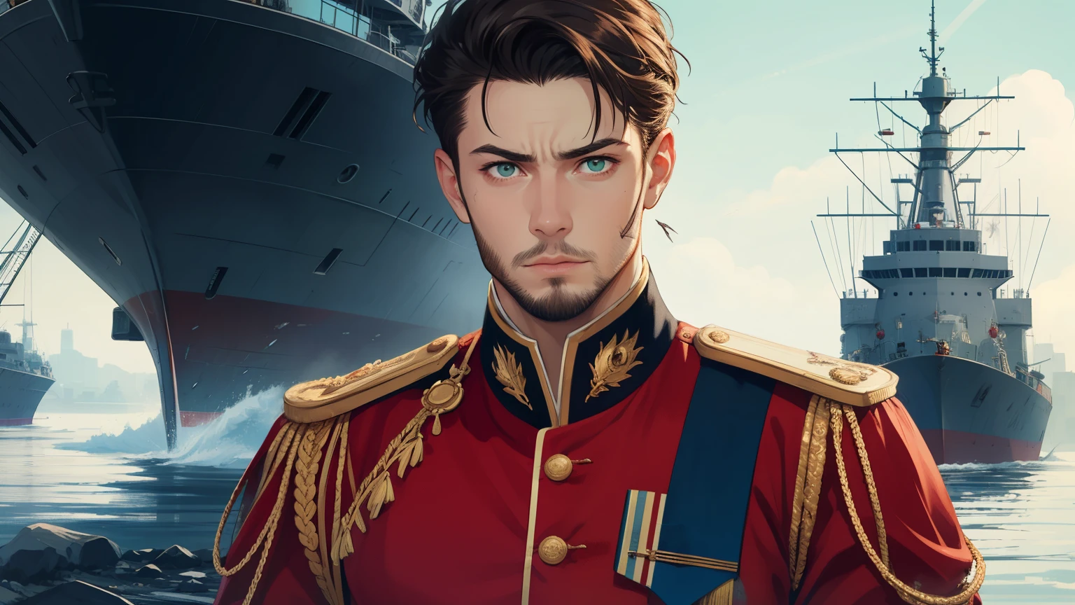 young man, short dark blonde hair, beard, royal uniform, wounded, green eyes, aggresive look, perfect eyes, high quality, more details, warships in backround