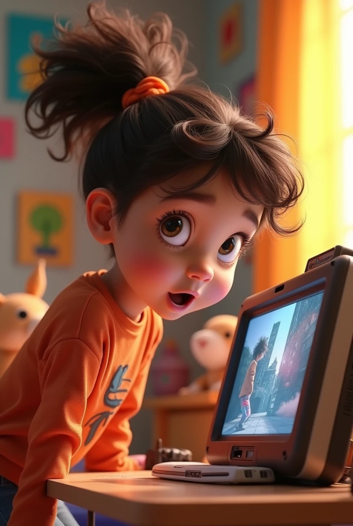 A Pixar-style image of an eleven-year-old girl looking in surprise at her camera footage