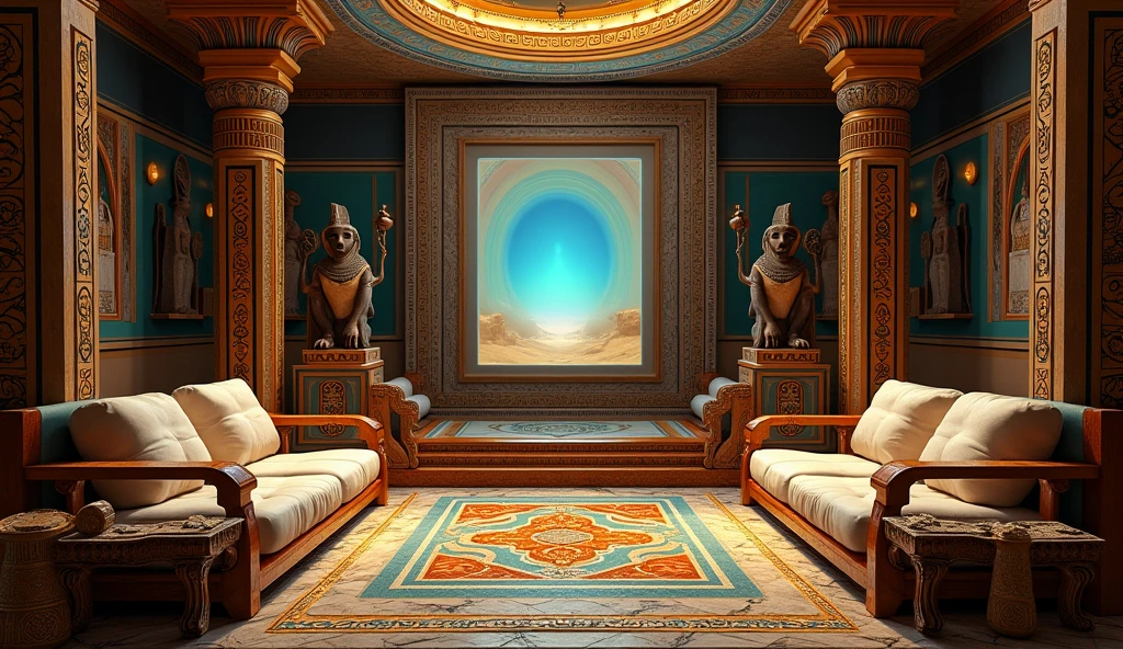 Create a highly detailed and immersive living room with a strong visual influence from ancient Egyptian mythology. The room should have an authentic Egyptian atmosphere, with ornate pillars, walls adorned with hieroglyphics, and statues of gods like Anubis or Horus. The color palette should include deep golds, blues, and blacks, with intricate patterns inspired by Egyptian art. Use furniture that reflects the style of the time, such as carved wooden chairs with animal motifs, low decorated beds, tables with hieroglyphic details, and luxurious textiles. In the center of the room, seamlessly integrate a modern screen that fits within the mythological theme, appearing as if it could be a part of the ancient world.