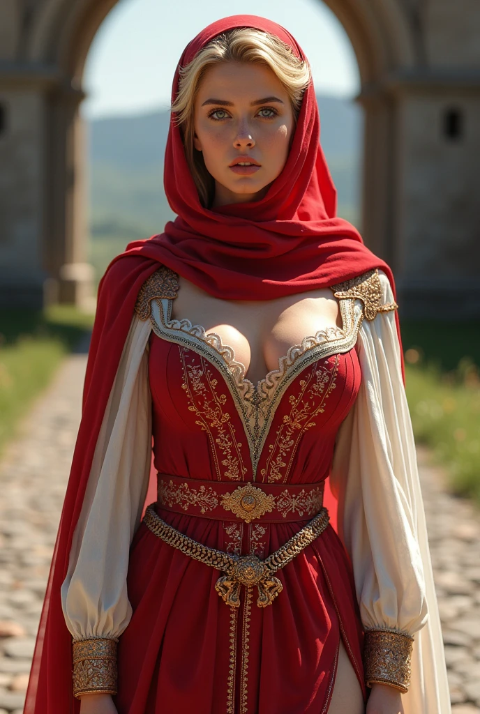 Wearing the hijab , The surrounding area , (red hijab), masterpiece,The best quality in the best condition,High resolution,8k,((Portraiture)),(Upper Body),Original photo,Actual Photos,Digital photography,(Female Princess in the medieval fantasy style),(Medieval Princess in fantasy style), (Blonde and red hair gradation),blue eyes,Long gradient hair,Perfect breasts (super huge round Perfect breastss),Lavish decoration,Lips parted,Makes your lips look more attractive and glamorous,((blush)),Arrogant contempt,calm and handsome,(Medieval Fantasy Dress,Beautiful breasts in medieval costume, ,Clothes are see-through , Nipples visible through the dress,Nipples visible through the dress, Narrow waist, Perfect body, Red delicate pattern,White Cape),(Princess),Photo pose,Medieval Characters Medieval Fantasy Style,oc rendering reflection texture, Sexy Style, Sexy Breasts , Background of the road to the castle,