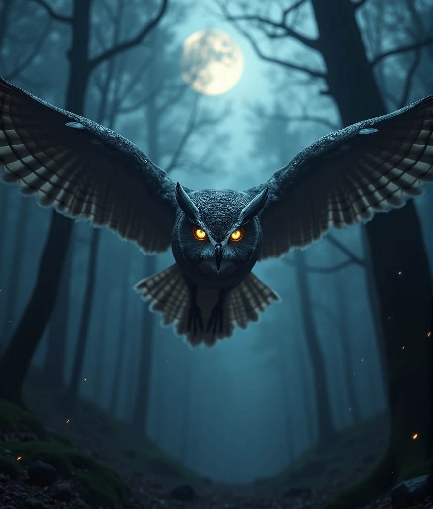 fantasy, full body shot, a mystical owl flying through a dark forest straight at the viewer , detailed feathers, intense glowing eyes, sharp beak, night sky background, moonlight shining through trees, (best quality,8k,highres,masterpiece:1.2),ultra-detailed,(realistic,photorealistic,photo-realistic:1.37),dark and moody atmosphere, dramatic lighting, cinematic composition