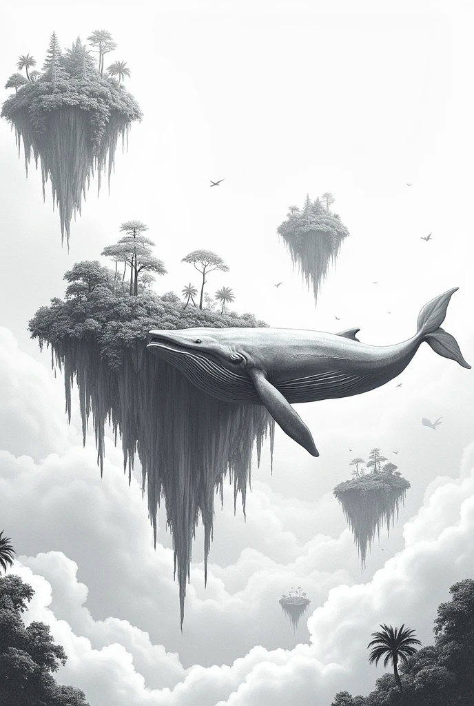Create a black and white drawing, A4 size, of a fantastic and surreal scene in a sky full of clouds. At the center, a huge blue whale floats gracefully in the air, as if swimming through the sky. Around her, several floating islands covered in vibrant green vegetation are suspended in the air, each with waterfalls that gently fall into the void below.