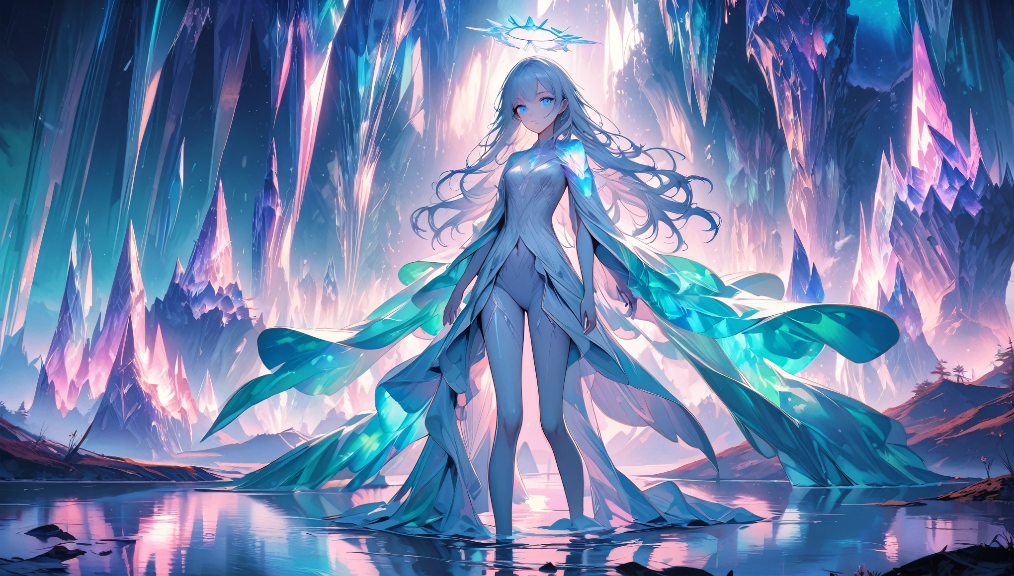 solo, female, statuesque figure, silver hair, long hair, emerald robes growing from her skin, billowing robes, iridescent gemstones, luminescent gemstones, gemstone on shoulder, glowing eyes, blue eyes, vast crystal structures, blue sky, calm lake, walking on water, calm expression, silver halo, otherworldly landscape, aurora borealis, patter iris, magic, tiny waist, floating, crystal hair, glass skin, ethereal being, lonely