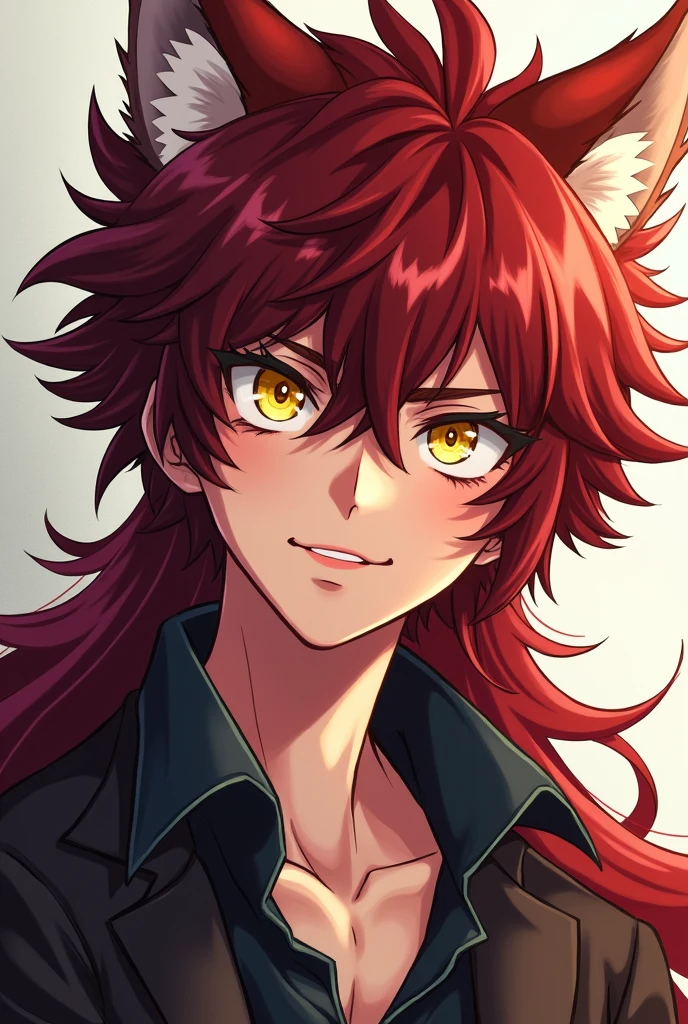 20 year old boy, long dark red hair in a social cut, sharp, yellow eyes like a wolf, playful expression with a sharp smile, clear skin and defined face. My Hero Academia Anime Manga Line.