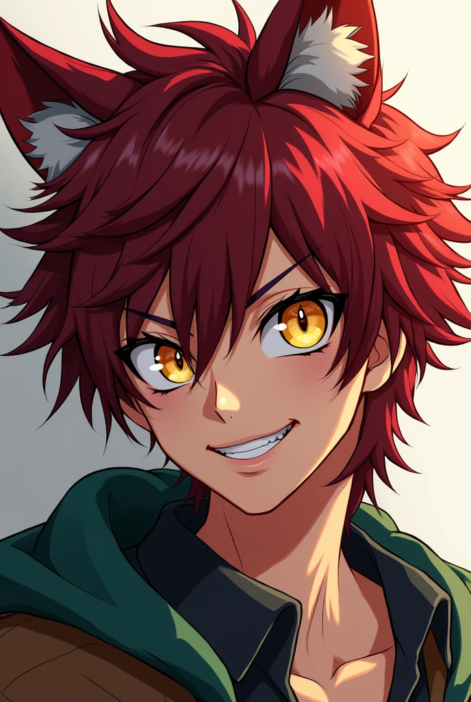 20 year old boy, long dark red hair in a social cut, sharp, yellow eyes like a wolf, playful expression with a sharp smile, clear skin and defined face. My Hero Academia Anime Manga Line.