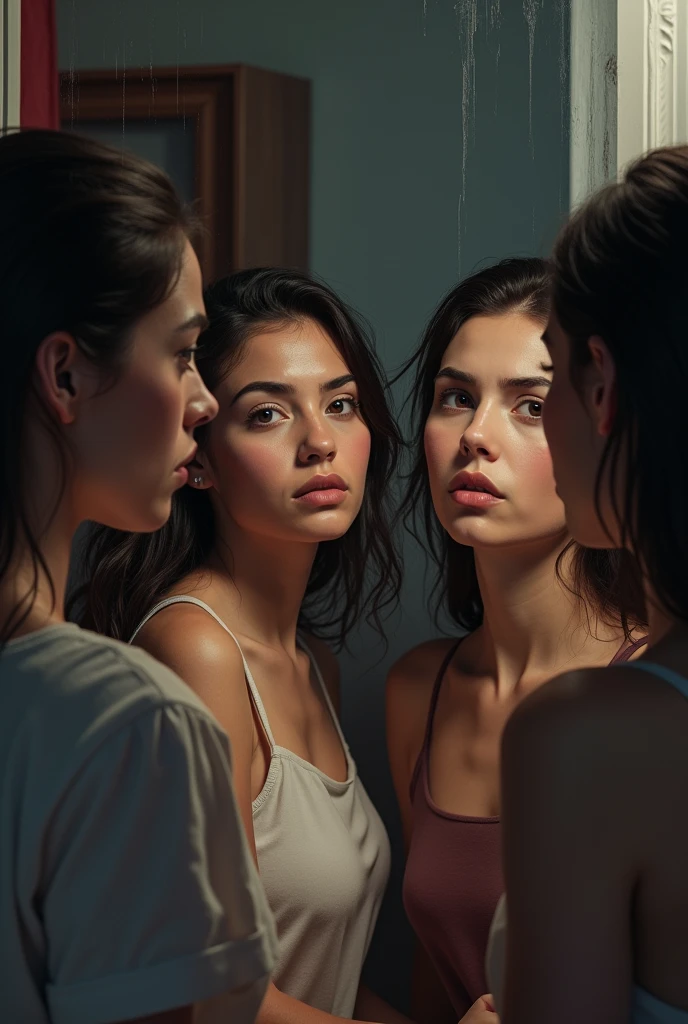 Image of a 4 woman looking at the mirror with a worried expression, with subtle signs of fatigue and hair loss. No fundo, elements in red to highlight the sense of urgency.