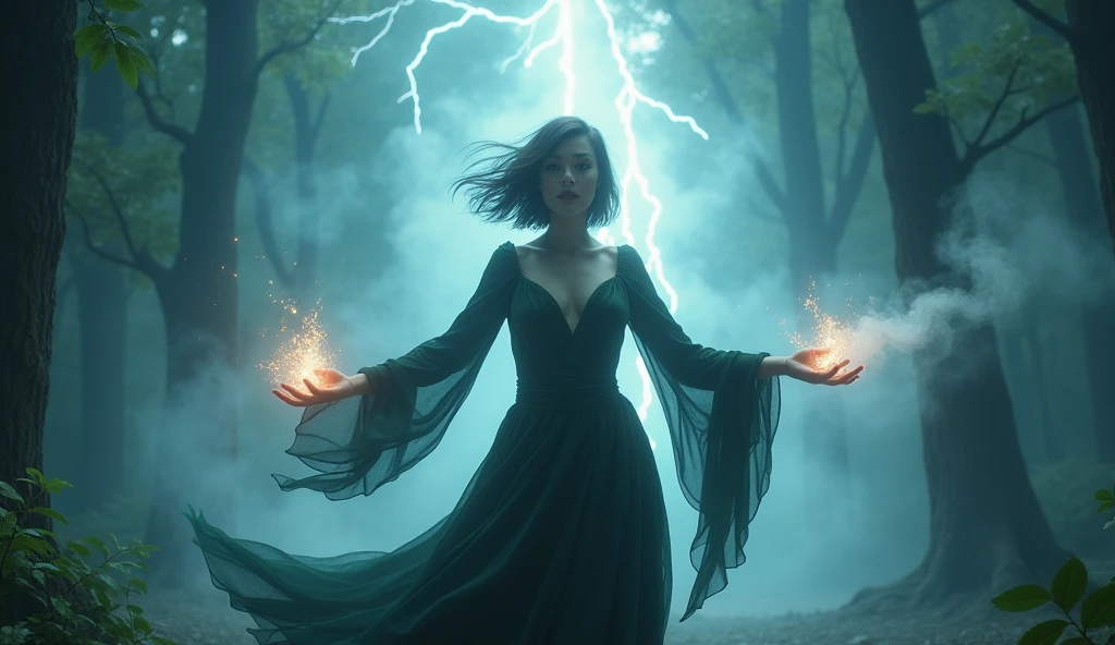 Wallpaper of a very beautiful witch with very pretty eyes, standing in forest facing towards camera with short open hair and open arms getting power from the sky. Very dense and heavy smoke and lighting strikes in the background. Ultra high definition, very detailed, elegant, fantasy.