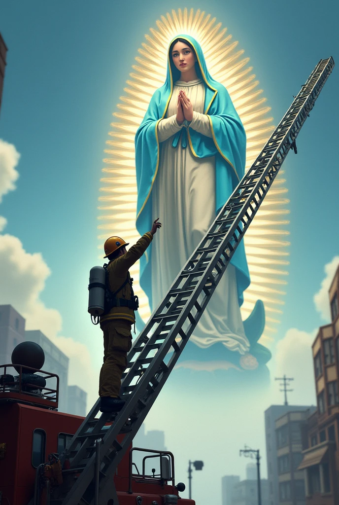 Firefighter in a ladder from the back looking at the sky while signing in a military way and in the sky the Guadalupe virgin