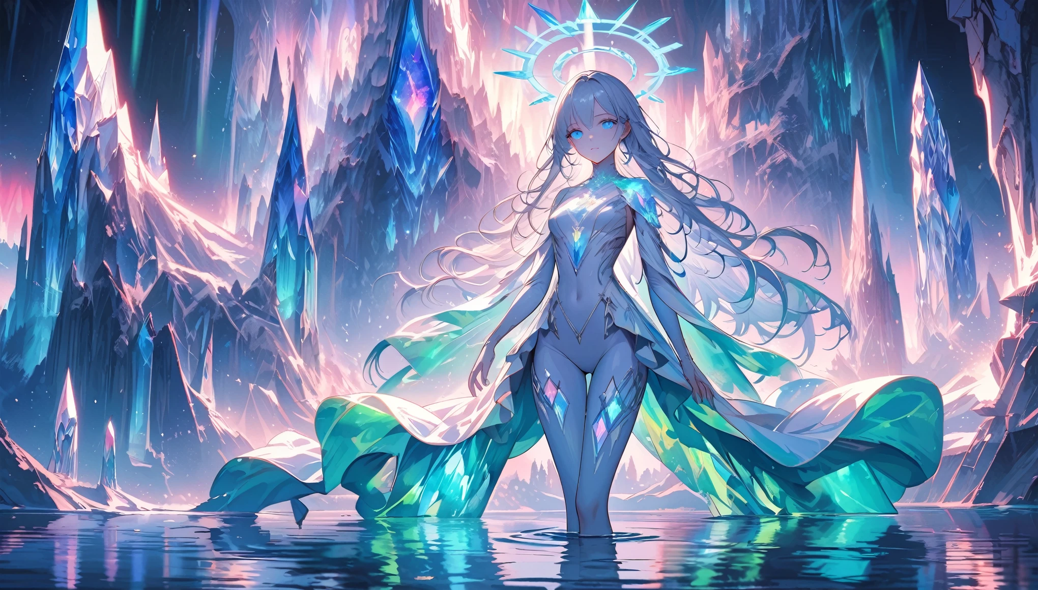 solo, female, statuesque figure, silver hair, long hair, emerald robes growing from her skin, billowing robes, iridescent gemstones, luminescent gemstones, gemstone on shoulder, glowing eyes, blue eyes, vast crystal structures, blue sky, calm lake, walking on water, calm expression, silver halo, otherworldly landscape, aurora borealis, patter iris, magic, tiny waist, floating, crystal hair, glass skin, ethereal being, lonely