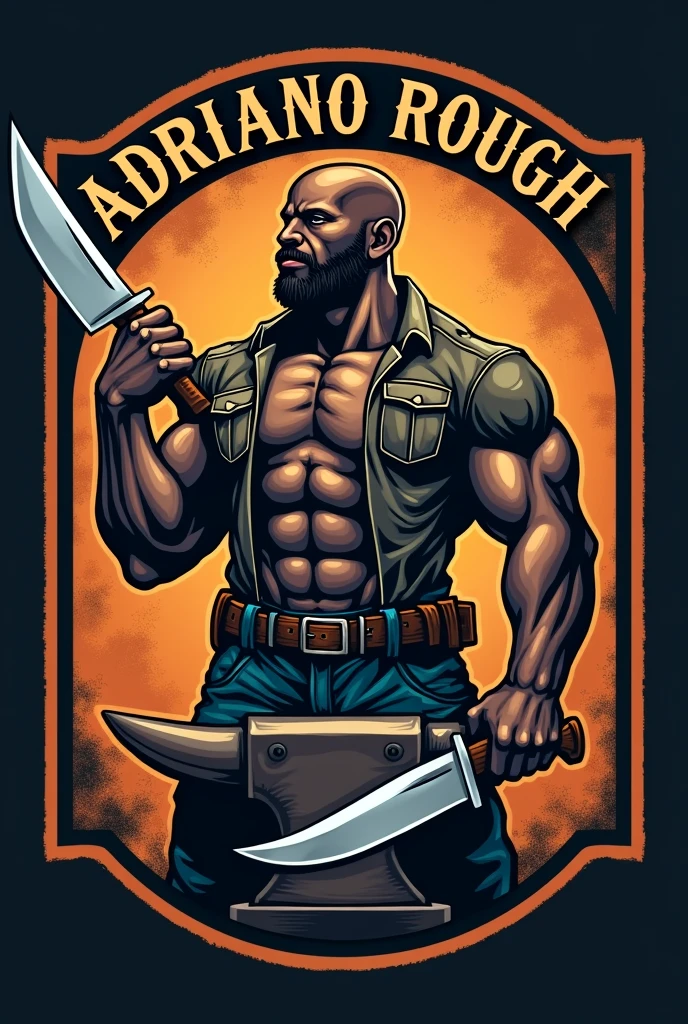Make a large anvil-shaped logo without errors " Adriano rough knives", with a bald black man who doesn't have a beard and is strong, wearing a uniform or jeans holding a knife in one hand and a hammer in the other