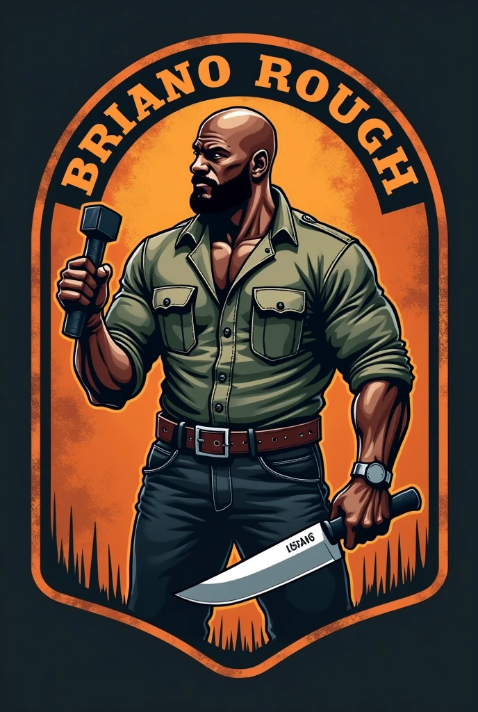 Make a large anvil-shaped logo without errors " Adriano rough knives", with a bald black man who doesn&#39;t have a beard and is strong, wearing a uniform or jeans holding a knife in one hand and a hammer in the other
