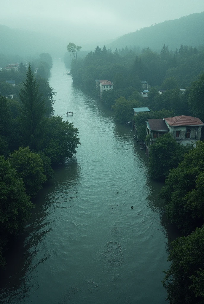 Flood covering trees and houses