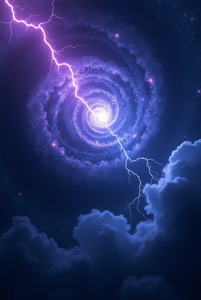 Blue galaxy lights up with purple lightning everywhere , fond noir