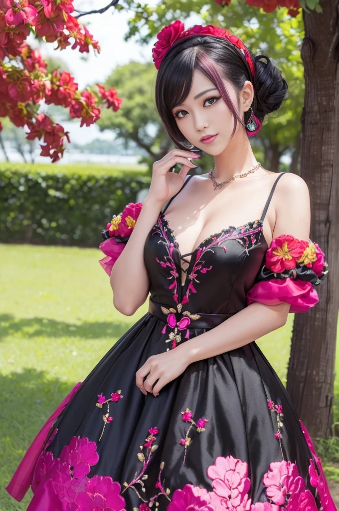 (masterpiece:1.4), (best quality:1.4), ultra high res, ultra high resolution, ((detailed facial features)), HDR, (realistic, photorealistic, photo-realistic:1.37), full body Esbian, sexy Thai model, (-anime), vivid colors, ((vivid colors multicolor (red, fuchsia) very short hair)), (happy smile), lip-gloss, long lashes, ultra detailed metallic makeup, defined eyebrows, wearing large sparkling colorful jewelery, (wearing a red silk Paradise Kiss cosplay dress with black floral embroidery), ((vivid colors outfit)), vivid colors, look at the camera, cinematic light, large park background with trees, sweet and sexy pose