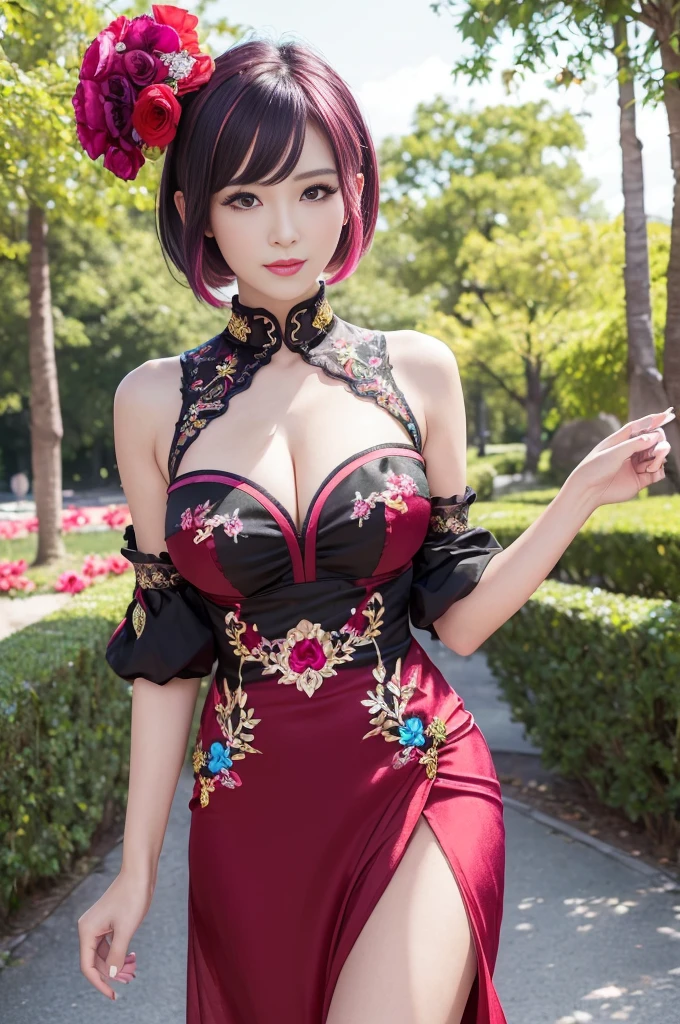 (masterpiece:1.4), (best quality:1.4), ultra high res, ultra high resolution, ((detailed facial features)), HDR, (realistic, photorealistic, photo-realistic:1.37), full body Esbian, sexy Thai model, (-anime), vivid colors, ((vivid colors multicolor (red, fuchsia) very short hair)), (happy smile), lip-gloss, long lashes, ultra detailed metallic makeup, defined eyebrows, wearing large sparkling colorful jewelery, (wearing a red silk Paradise Kiss cosplay dress with black floral embroidery), ((vivid colors outfit)), vivid colors, look at the camera, cinematic light, large park background with trees, sweet and sexy pose