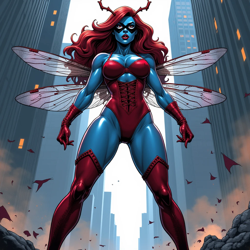 In a dramatic comic book style, richly detailed with exaggerated portions, inspired by frank cho an image of a (((blue skinned, blue skin))) female super villain, athletic curvy fit body, wide hips, large breasts, She has long dark red colored hair with lots of volume and wears a red leotard with bare arms, bare legs and a corset around her waist, she has long thigh high boots and short gloves, and a black mask over her eyes. (detailed face, detailed eyes), long eyelashes, ((detailed lips)), strong jaw, narrow eyes, solid white eyes. Good hands, detailed hands. cityscape background. She stands firmly on the ground a wide stance, ready to fight. dynamic exaggerated poses. she wears a black domino mask over her eyes, she has insect wings on her back that resemble dragonfly wings, long insect antennae that stick out of her hair