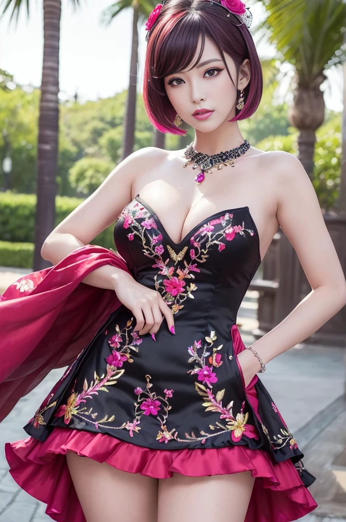 (masterpiece:1.4), (best quality:1.4), ultra high res, ultra high resolution, ((detailed facial features)), HDR, (realistic, photorealistic, photo-realistic:1.37), full body Esbian, sexy Thai model, (-anime), vivid colors, ((vivid colors multicolor (red, fuchsia) very short hair)), (happy smile), lip-gloss, long lashes, ultra detailed metallic makeup, defined eyebrows, wearing large sparkling colorful jewelery, (wearing a red silk Paradise Kiss cosplay dress with black floral embroidery), ((vivid colors outfit)), vivid colors, look at the camera, cinematic light, large park background with trees, sweet and sexy pose