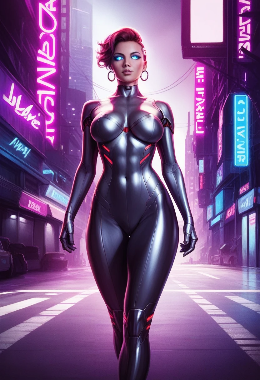 a woman robot from 2099, extremely detailed, PUBG MOBILE, cinematic lighting, dramatic pose, neon cyberpunk city background, hyper realistic, 8k, award winning digital art, intricate machinery, glowing eyes, chrome metal skin, dynamic composition, stunning colors, photorealistic, chiaroscuro lighting, elegant and powerful, futuristic, cinematic angle