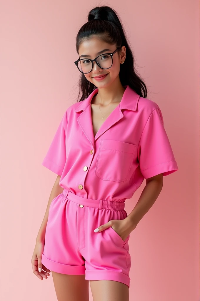 Woman with glasses and a pink shirt and pink shorts and a black ponytail in her hair, 