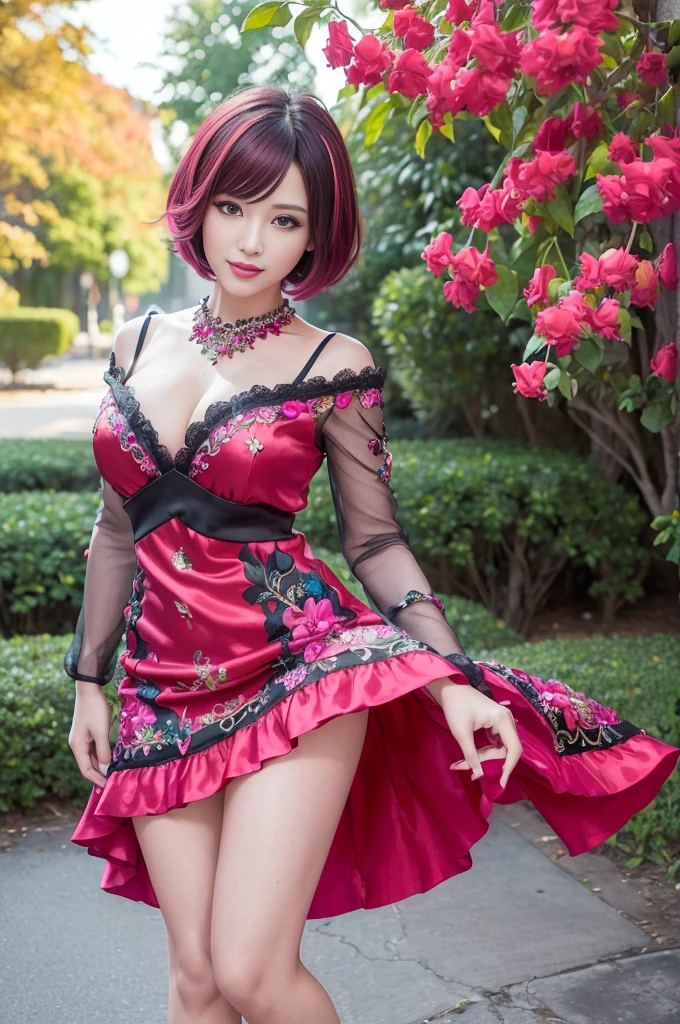 (masterpiece:1.4), (best quality:1.4), ultra high res, ultra high resolution, ((detailed facial features)), HDR, (realistic, photorealistic, photo-realistic:1.37), full body Esbian, sexy Thai model, (-anime), vivid colors, ((vivid colors multicolor (red, fuchsia) very short hair)), (happy smile), lip-gloss, long lashes, ultra detailed metallic makeup, defined eyebrows, wearing large sparkling colorful jewelery, (wearing a red silk Paradise Kiss cosplay dress with black floral embroidery), ((vivid colors outfit)), vivid colors, look at the camera, cinematic light, large park background with trees, sweet and sexy pose