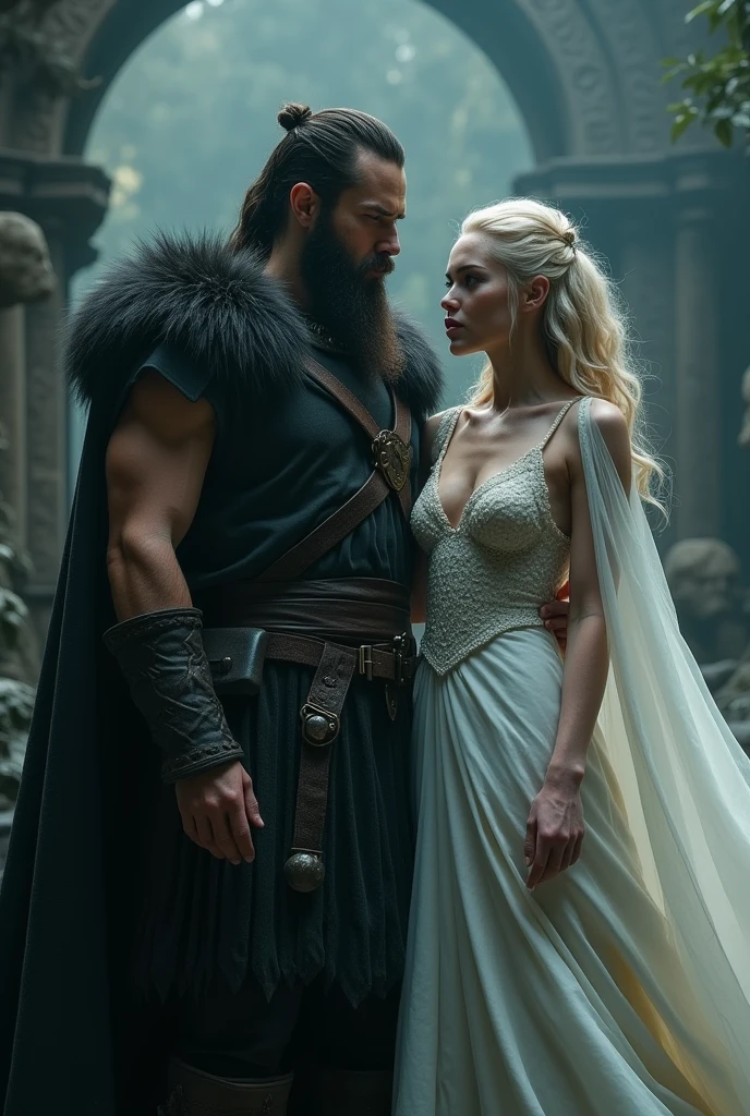 Dark man with bright yellow eyes,  with long, wavy, messy black hair. Wearing a black cloak and dark metal belt and silver bracelets...His strong chest is exposed between the black cape. In front of him is a blonde woman with her hair tied up high with some braids..  She wears a feminine monk style outfit.. They are both in a black and red room.