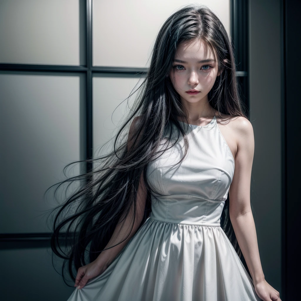 ((best qualityer)), ((work of art)), ((detailded)), create an image inspired by Rin Nanakura, super realistico, a beautiful young woman, young white color, long hair, Bblack hair, blue colored eyes, elegant outfit, top quality picture, super realistico, 8 k quality, ultra realisitic, ultra definition, cinema quality