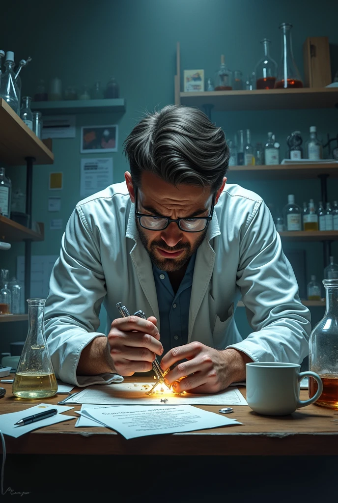 desperate scientist in a laboratory