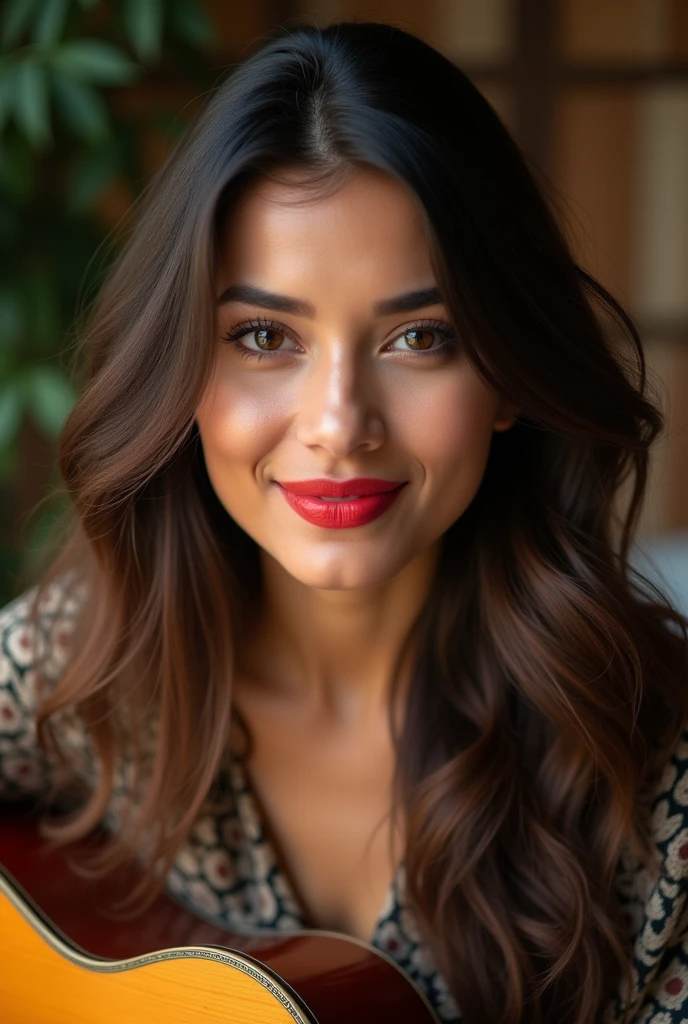A heavenly and incredibly beautiful Asian Indian, His profession is law. Sua pele beijada Pelo sol, Captivating honey eyes, and flowing brown hair immediately catches the eye. The portrait appears to be a high resolution photograph., capturing every detail to perfection. Her red lips are full and attractive, It exudes a seductive charm. The overall image quality is exceptional, natural with impressive details. an identical woman, Face, Pelo, identical clothes. A beautiful smile. She is sitting playing a very beautiful guitar.