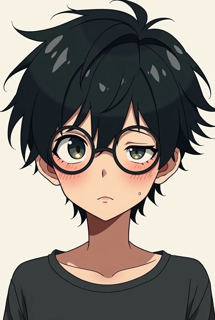 Anime , male ,18 year, black hair , circle glasses  messy hair , black eye , sleepy face , 2 lazy eye , dead stare