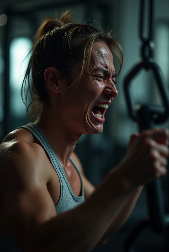 A person crying while exercising in a gym