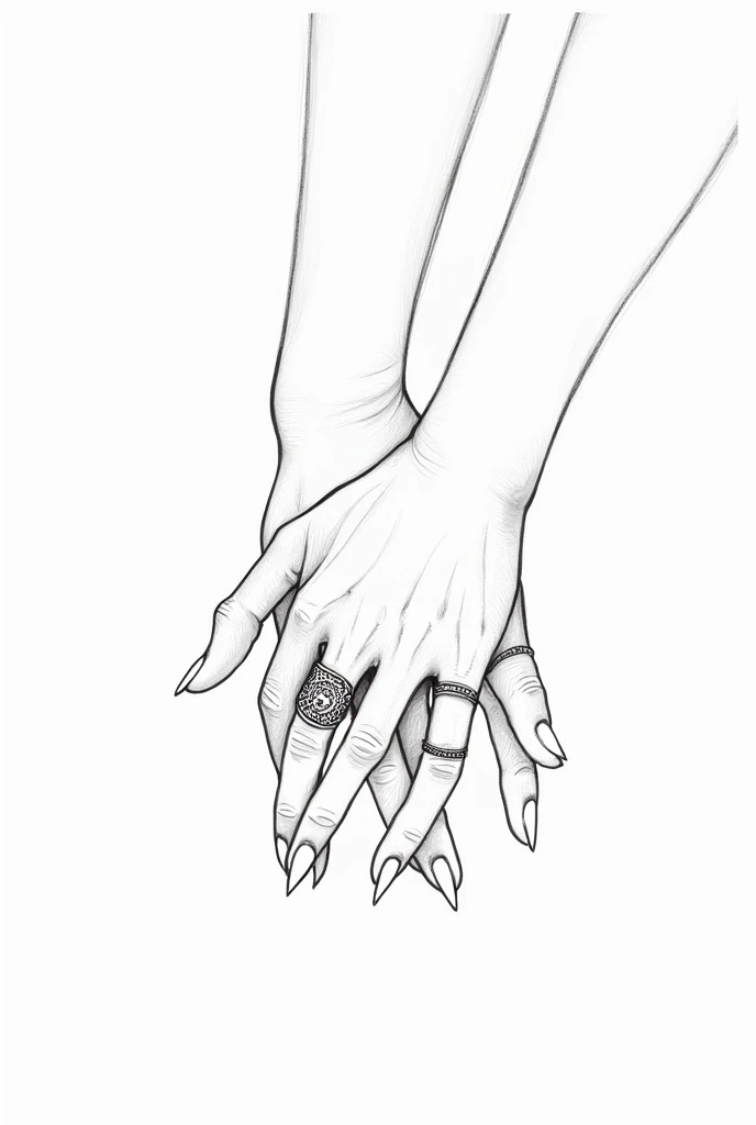 Lineart drawing of overlapping hands with rings