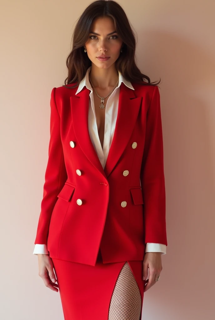 (best quality,4k,8k,highres,masterpiece:1.2), ultra-detailed,(realistic,photorealistic,photo-realistic:1.4), 1 female, age 24. Known for her provocative style and high sexual desire, Ashley embodies the role of a dynamic and captivating anchorwoman. Her body language is as commanding as her looks, always exuding confidence and sensuality. (((She's wearing a bright red Valentino Garavani Crepe Couture Double-Breasted Jacket that highlights her augmented figure, perfectly embodying the balance between luxury and functionality. The jacket is paired with a provocative white shirt and a matching red pencil skirt))). (((She enhances her look with laced stockings and sky-high Christian Louboutin heels))), carrying her ensemble with an air of unapologetic confidence. Her accessories include a Chanel pendant necklace that rests on her ample cleavage. ((intricate detail)), super finely detailed hands, ultra finely detailed fingers(((ten fingers))), (standing confidently), (full body showcase), (show full body), (no logos on background), (no logo).