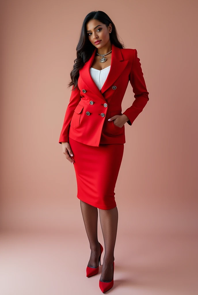 (best quality,4k,8k,highres,masterpiece:1.2), ultra-detailed,(realistic,photorealistic,photo-realistic:1.4), 1 female, age 24. Known for her provocative style and high sexual desire, Ashley embodies the role of a dynamic and captivating anchorwoman. Her body language is as commanding as her looks, always exuding confidence and sensuality. (((She's wearing a bright red Valentino Garavani Crepe Couture Double-Breasted Jacket that highlights her augmented figure, perfectly embodying the balance between luxury and functionality. The jacket is paired with a provocative white shirt and a matching red pencil skirt))). (((She enhances her look with laced stockings and sky-high Christian Louboutin heels))), carrying her ensemble with an air of unapologetic confidence. Her accessories include a Chanel pendant necklace that rests on her ample cleavage. ((intricate detail)), super finely detailed hands, ultra finely detailed fingers(((ten fingers))), (standing confidently), (full body showcase), (show full body), (no logos on background), (no logo).