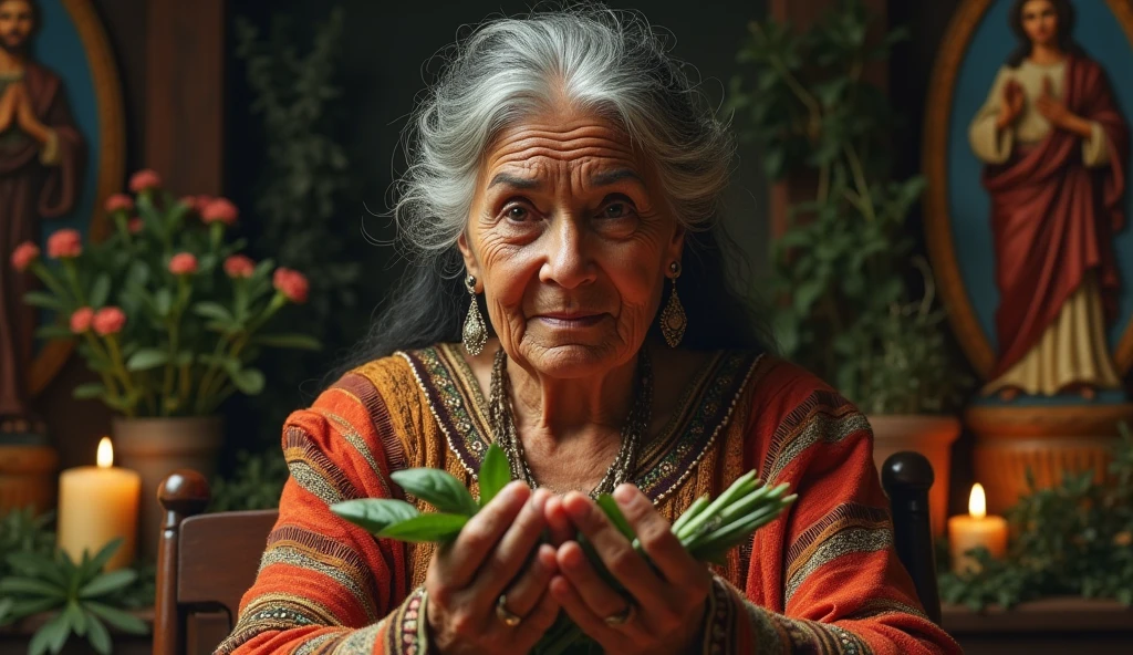 Create an ultra-realistic image of a traditional Mexican healer woman looking straight ahead , 60 years old dressed in exquisite clothes. She is performing a blessing ritual. The healer holds a bundle of herbs, like rue and basil, In your hands. His expression is serene and focused as he performs the ritual.. in the background candles, aromatic herbs, various saints