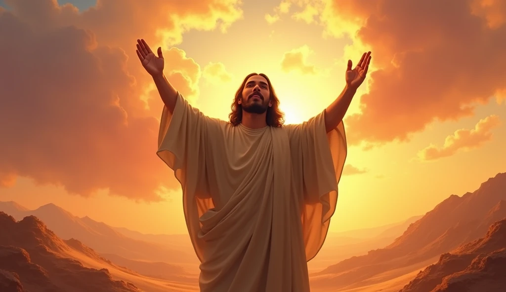 Jesus raising his hands in victory, with an expression of peace and relief. The desert is now lit up with warm colors, symbolizing victory over temptation.