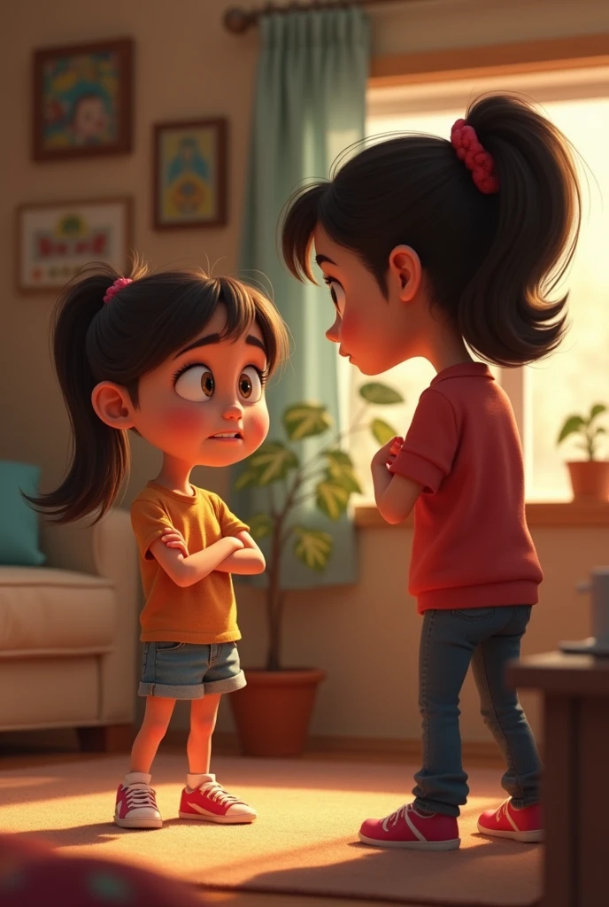 A Pixar-style image of an eleven-year-old girl arguing with her mother and being very upset