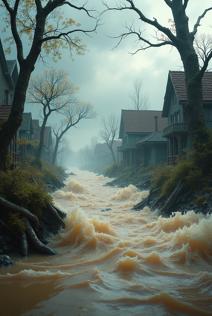 Flood destroying trees and houses
