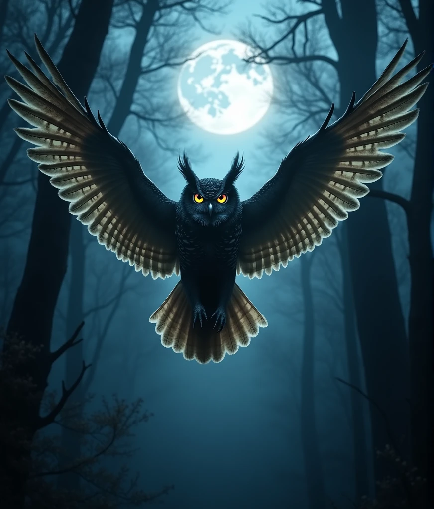 fantasy, full body shot, a mystical owl, a dark forest, detailed feathers, intense glowing eyes, sharp beak, night sky background, moonlight shining through trees, (best quality,8k,highres,masterpiece:1.2),ultra-detailed,(realistic,photorealistic,photo-realistic:1.37),dark and moody atmosphere, dramatic lighting, cinematic composition