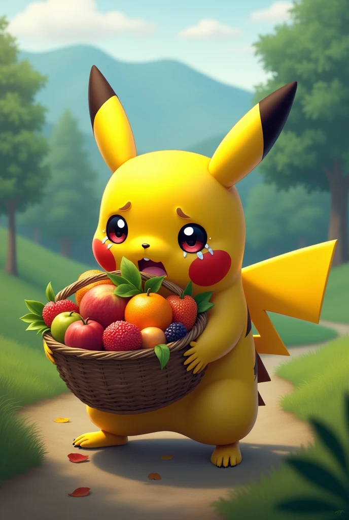 Pikachu crying while carrying a basket of fruit