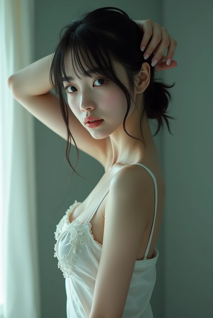 Realistic glowing skin, (発Sweat:1.8),Stand backwards,Look back at your face,Always look at the camera,(発Sweat:1.8),(Beautiful nipples in real life:1.6),,(whole body:1.9),(発Sweatしたリアルな白い肌:1.9),White socks, (Black leather shoes:1.8),
,Cold look,Cold Stare,Black Hair,short hair,Tie your hair short,Silky translucent white skin,,(Very detailed美しい顔), Great face and eyes, (Highest quality:1.4), (Very detailedな), (Very detailed CG 統合 8k 壁紙), Very detailed, High resolution raw color photos, Professional photography, Realistic portrait,Sweat,,(A Cup:1.9),(Flat Chest:1.9),(Very small breasts:1.9),(Breast augmentation:0.1),(Small breasts beginning to swell:1.9),(Breasts during puberty:1.9),
, (少女のwhole bodyの詳細なRAW写真), Canon EOS R5 250mm, Sharp focus, Cinema Lighting,  (No makeup:1.2), Fine skin, Delicate collarbone,,(Ultra-high resolution:1.6), (Realistic:1.6),,(Japanese junior high school girls:1.9),(whole body:1.8),(Sweatが滴る肌:1.9),(Black pleated skirt for the lower body only:1.9),(Sweatで滲んだ肌:1.9),(Age is :1.9),(Raise one hand above your head:2),(Topless:1.9),Height is 155cm,Non-erect, thin nipples,very small nipples,Natural nipples,Real girl nipples,Not disgusting nipples、 (Armpit hair just starting to grow:1.9),(sit cross-legged:1.9),Sitting cross-legged,