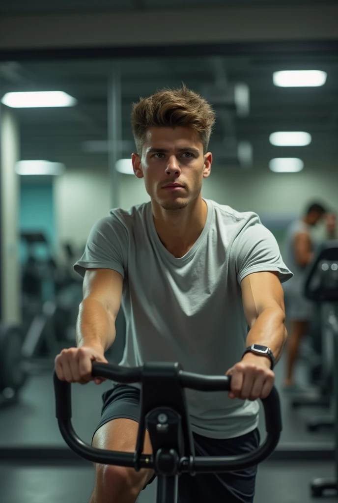 A bored person exercising in a gym