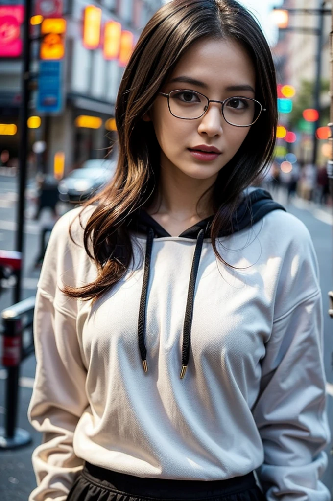 Photo of a beautiful woman standing on a street corner, (masterpiece:1.2, highest quality), (Realistic, photoRealistic:1.4), Beautiful illustrations, (Natural Side Lighting, Cinema Lighting), Written boundary depth, Beautiful thighs staring at the viewer, (((Face Focus, Upper Body))), 1 female, 30-year-old, alone, thin, slender, small breasts!!!, Loose curly hair, Bedhead, Forehead, thin, slender, (((glasses))), hoodie, Skinny skirt, Are standing, New York 25th Street, portrait